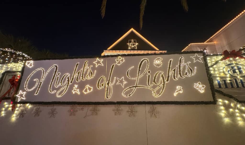 sign saying nights of lights in christmas lights