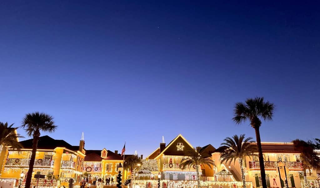 several historic buildings along St. Augustine's waterfront lit up with tons of white christmas tree lights with palm trees