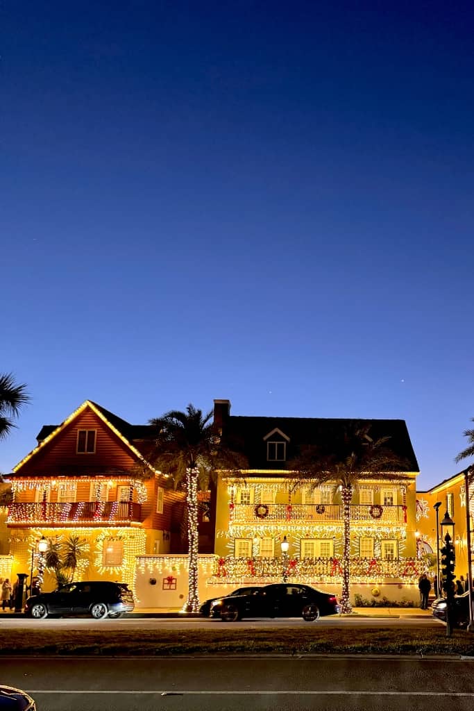 a historic building covered in white christmas lights