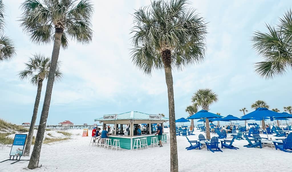 tiki bar on the beach surrounded by palm trees