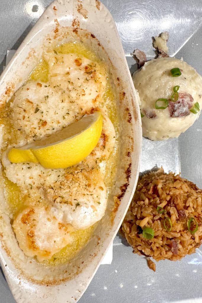 scallops with lemon, jambalaya, and mashed potatoes