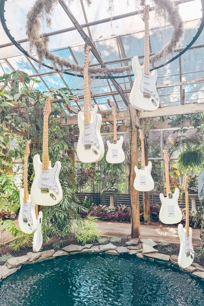 guitars hanging over a small man made pond at marie selby gardens