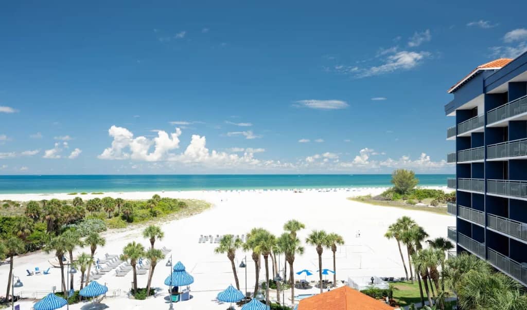palm trees, a cabana, and view of the beach from sand key resort in sand key