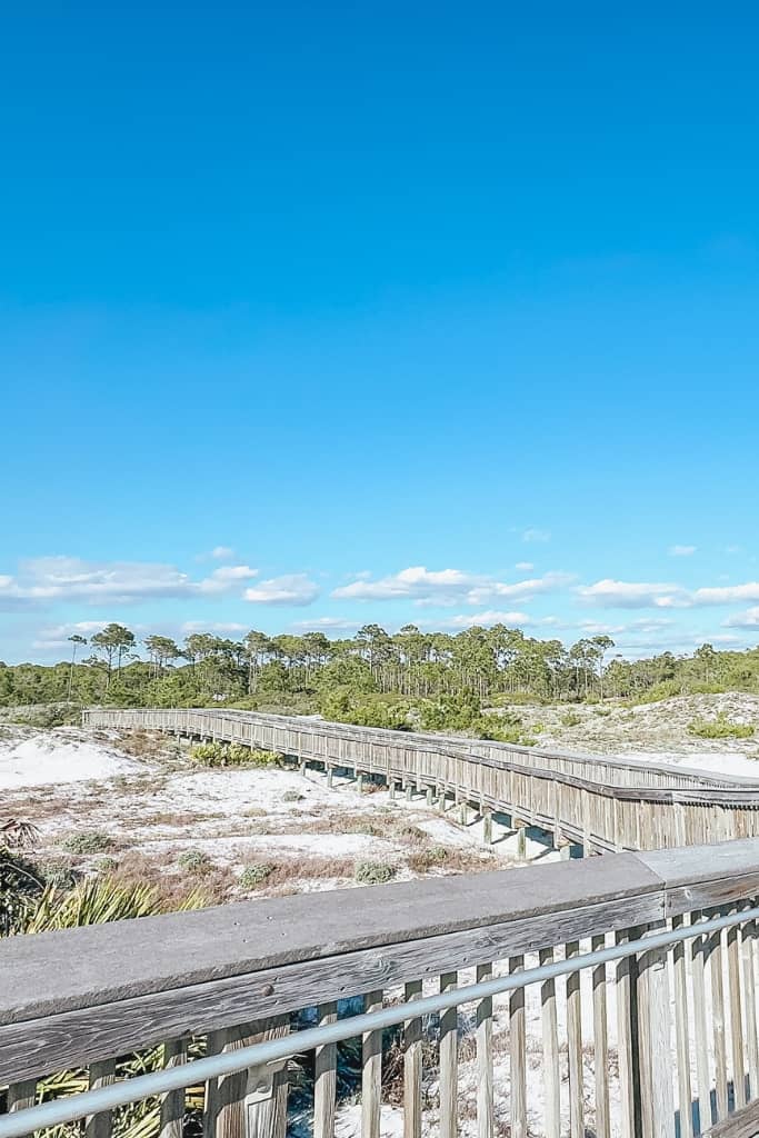 boardwalk through the sand dunes at topsail hill preserve state park with blue skies